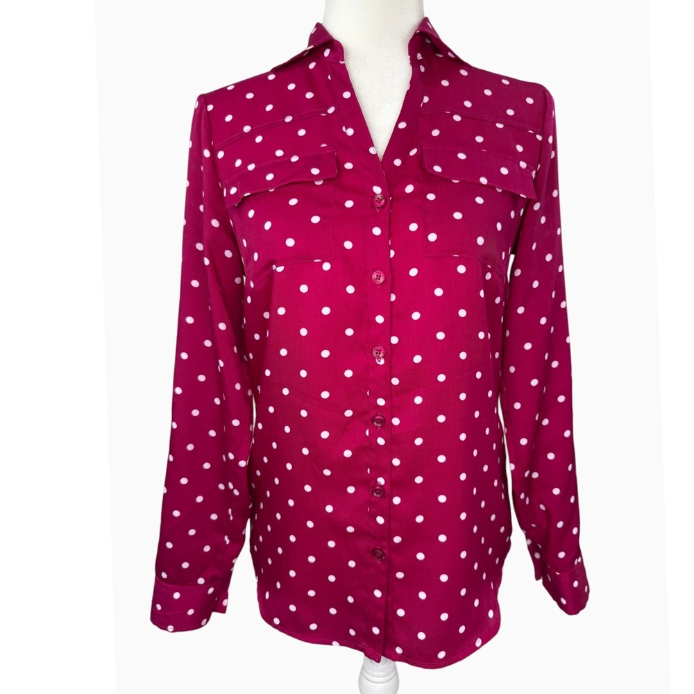 New York & Company Womens XS Magenta White Polka Dot Roll Tab Button Down Blouse